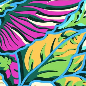 May include: A vibrant graphic illustration featuring stylized botanical leaf patterns in bold shades of magenta, lime green, mustard yellow, and dark forest green, all outlined with thick, bright cyan blue lines against a cream-colored background.