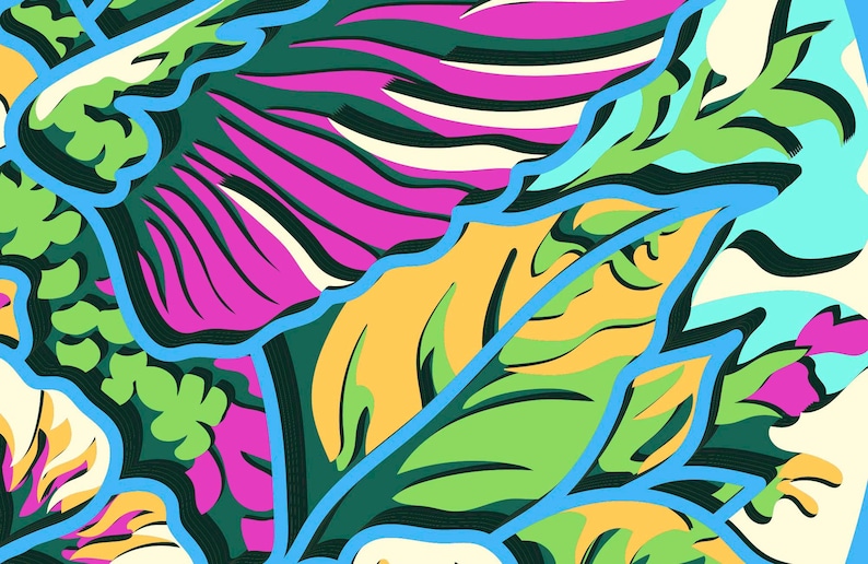 May include: A vibrant graphic illustration featuring stylized botanical leaf patterns in bold shades of magenta, lime green, mustard yellow, and dark forest green, all outlined with thick, bright cyan blue lines against a cream-colored background.
