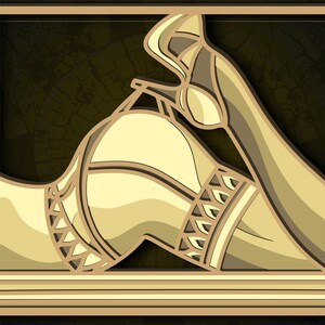 May include: A gold-colored, stylized illustration of a reclining figure with geometric patterns on the clothing. The figure is set against a dark brown background.