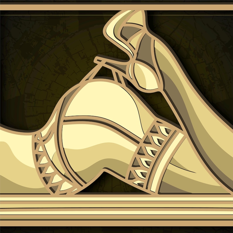 May include: A gold-colored, stylized illustration of a reclining figure with geometric patterns on the clothing. The figure is set against a dark brown background.