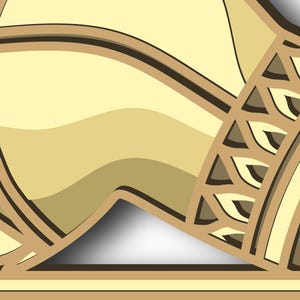 May include: A decorative design with intricate patterns in shades of brown and beige. The design features a curved shape with a geometric pattern.