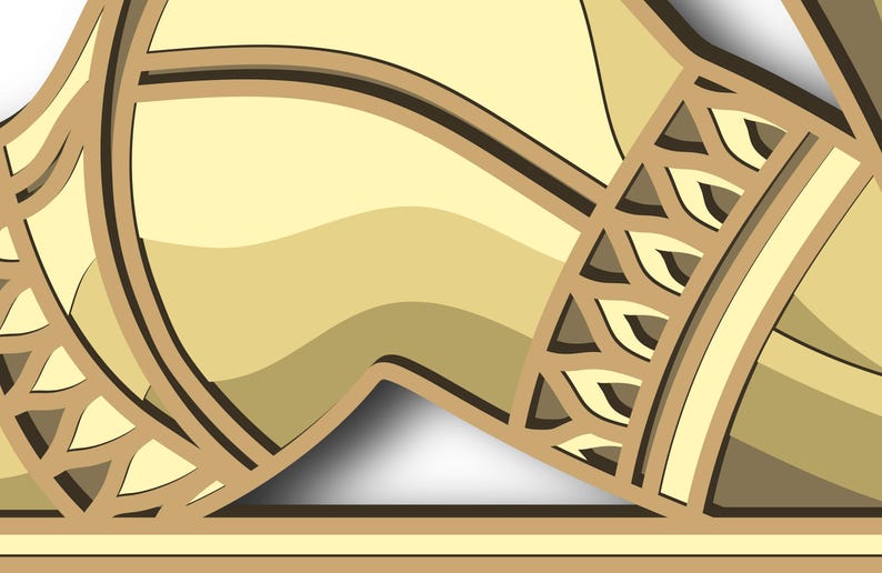 May include: A decorative design with intricate patterns in shades of brown and beige. The design features a curved shape with a geometric pattern.