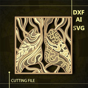 Op de afbeelding: Een gelaagd, vierkant snijbestandontwerp in bruin- en beigetinten, met een abstracte weergave van longen. Het ontwerp bevat de tekst "CUTTING FILE" onderaan en "DXF, AI, SVG" aan de rechterkant.