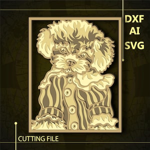 Puede incluir: Un archivo de corte digital de un caniche de dibujos animados con una camisa a rayas. El archivo está disponible en los formatos DXF, AI y SVG.