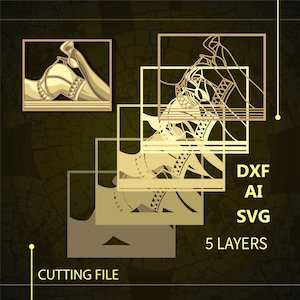 May include: A digital cutting file design of a woman's leg in a high heel shoe. The design is layered and comes in DXF, AI, and SVG formats. The file is for use with a cutting machine and has 5 layers.