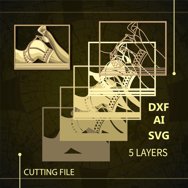 May include: A digital cutting file design of a woman's leg in a high heel shoe. The design is layered and comes in DXF, AI, and SVG formats. The file is for use with a cutting machine and has 5 layers.