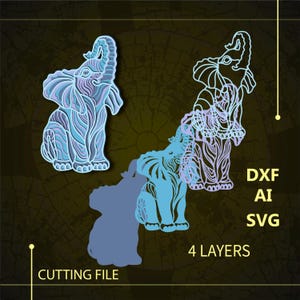 May include: A digital cutting file design featuring four layers of intricately patterned elephants in shades of blue and purple. The design includes the text "DXF AI SVG 4 LAYERS CUTTING FILE".