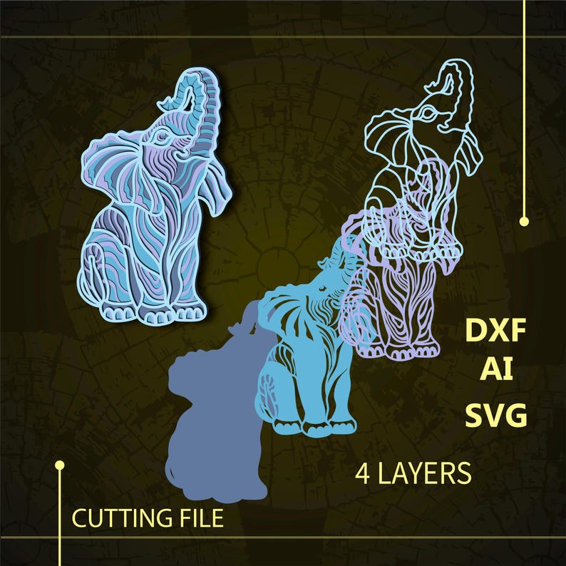 May include: A digital cutting file design featuring four layers of intricately patterned elephants in shades of blue and purple. The design includes the text "DXF AI SVG 4 LAYERS CUTTING FILE".