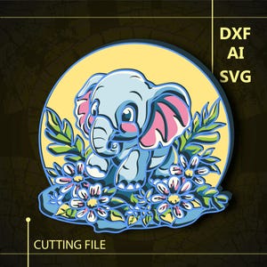May include: A cartoon illustration of a baby elephant in light blue with pink accents, surrounded by flowers and leaves. The design is set against a yellow circle and includes the text "DXF AI SVG" and "CUTTING FILE".