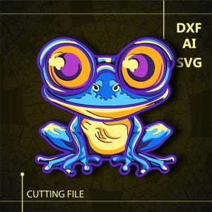 Puede incluir: Una rana de dibujos animados con grandes gafas redondas de montura naranja y lentes morados. La rana es azul con la barriga amarilla y está sentada con las piernas cruzadas.