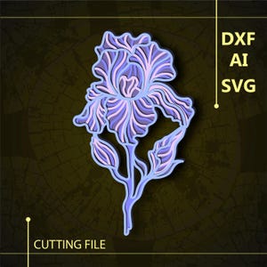 Peut inclure: Une fleur d'iris violette et bleue avec un design détaillé et superposé. Ce fichier de découpe numérique est disponible aux formats DXF, AI et SVG.