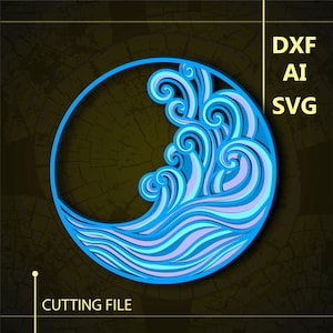 May include: A blue and purple wave design in a circle, perfect for a cutting file. The design is intricate and detailed, with swirls and curves.