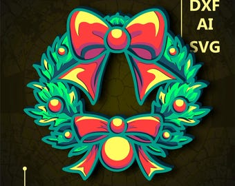 May include: A green Christmas wreath with red and yellow bows and red and yellow ornaments. The wreath is a digital cutting file for crafting projects.