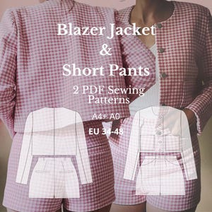 Op de afbeelding: Roze en witte pied-de-poule blazerjas en korte broek. De afbeelding bevat de tekst "Blazer Jacket & Short Pants" en "2 PDF Sewing Patterns". De patroonmaten zijn A4+ A0 en EU 34-48.