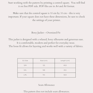 May include: A digital sewing pattern for a boxy jacket with an oversized fit. The pattern includes sizing information in centimeters for bust and length. Instructions advise printing a control square and adding seam allowances. The website freesewn.studio is displayed.