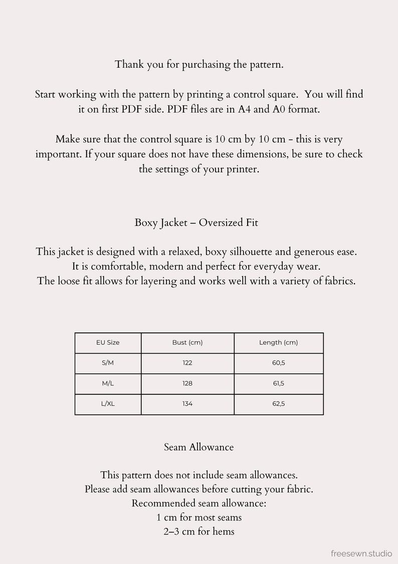 May include: A digital sewing pattern for a boxy jacket with an oversized fit. The pattern includes sizing information in centimeters for bust and length. Instructions advise printing a control square and adding seam allowances. The website freesewn.studio is displayed.