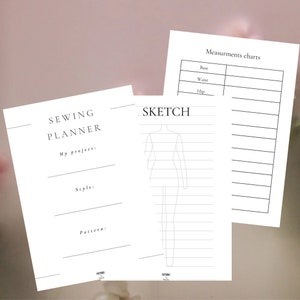 Könnte beinhalten: Ein druckbarer Nähplaner mit Abschnitten für Projektdetails, Stil, Schnittmuster, eine Skizze einer Kleiderpuppe und eine Maßtabelle. Der Planer soll Näherinnen helfen, ihre Nähprojekte zu planen und zu organisieren.