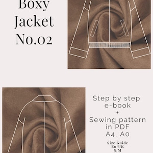May include: A digital sewing pattern for a boxy jacket, featuring a line drawing of the jacket design. The image includes the text "Boxy Jacket No.02" and details about the e-book and PDF pattern, with size guides in EU/UK, S/M, M/L, and L/XL.