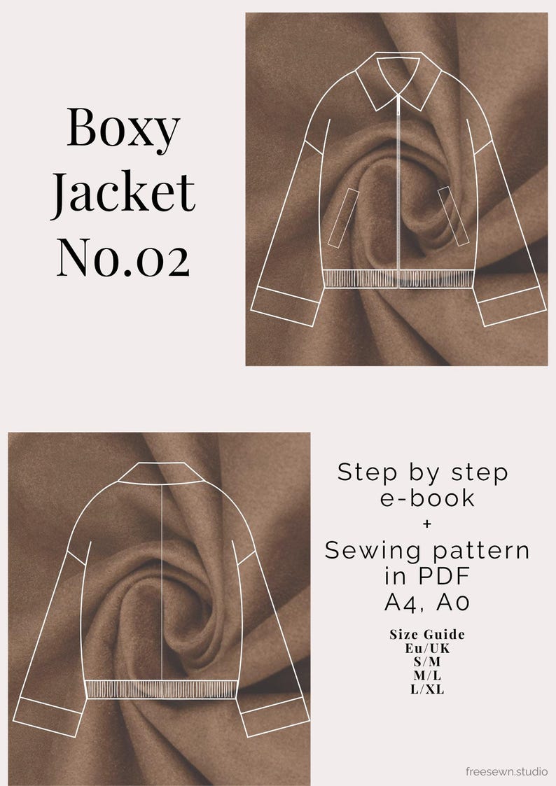 May include: A digital sewing pattern for a boxy jacket, featuring a line drawing of the jacket design. The image includes the text "Boxy Jacket No.02" and details about the e-book and PDF pattern, with size guides in EU/UK, S/M, M/L, and L/XL.