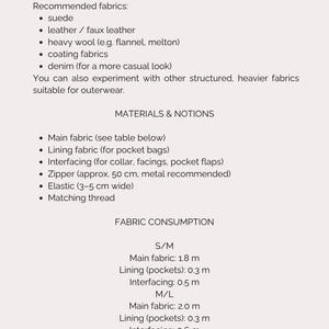 May include: A cream-colored page with text detailing fabric suggestions, materials, notions, and fabric consumption for a sewing pattern. Includes fabric types like suede, leather, and denim. Measurements are in meters and centimeters.
