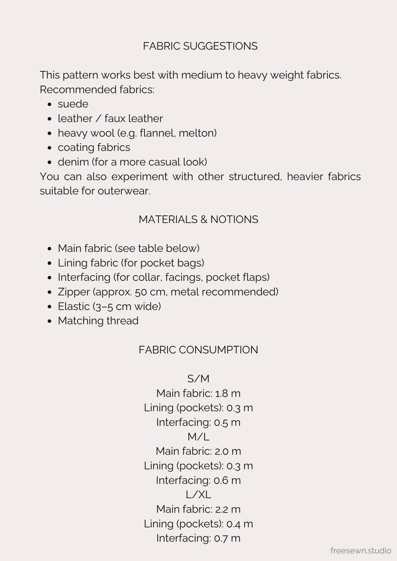 May include: A cream-colored page with text detailing fabric suggestions, materials, notions, and fabric consumption for a sewing pattern. Includes fabric types like suede, leather, and denim. Measurements are in meters and centimeters.