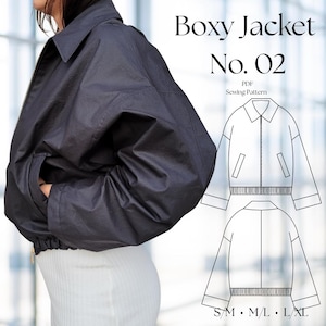 May include: A dark charcoal grey boxy jacket with a collar, front zip, and elasticated hem. The image includes text reading Boxy Jacket No. 02 PDF Sewing Pattern and a black and white line drawing of the jacket design with sizes S/M, M/L, L/XL.