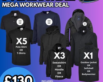 Custom Workwear Bundle – 5 Embroidered Polos or T-Shirts + 3 Hoodies/Sweatshirts/Fleeces + 1 Outdoor Jacket – Personalised Uniform Package
