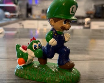 Altered Precious Moments Luigi and Yoshi Figurine: Handmade Clay Details, Hand-Painted Diorama Base