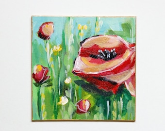 Spring decoSmall red poppy flower painting 6x6 Canvas Panel original art small floral art red poppy art gold flower gift for mom