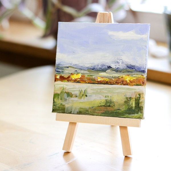 Mini mountain landscape original painting on mini canvas with easel landscape gift for accent wall housewarming affordable gift