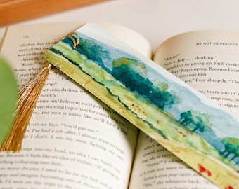 Printed Bookmarks, landscape painting print with hand embellished gold with gold tassel book gift book reader book club