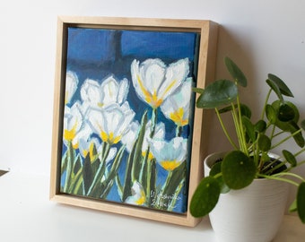 White tulip Original Painting on canvas 8x10 Unframed flower abstract flowers small gift housewarming present for plant art white flower