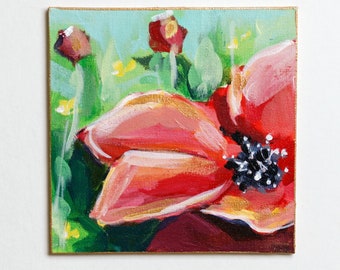 Red Flower Poppy painting 6x6 Canvas Panel original art small floral art red flower poppy art gold flower gift for gardener