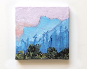 Pink sky blue mountain, travel gift, mini 3x3 blue mountain landscape, original painting on mini canvas with easel