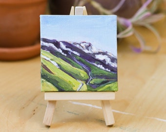 Mini 3x3 mountain landscape green original painting on mini canvas with easel desk accessories and shelf decor gift for him gift for mom