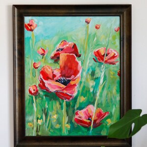 Red Flower Painting Original handmade Poppy Flower painting Gold Accents gift for her floral red poppies abstract floral art original