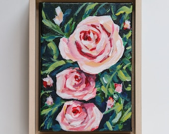 Rose flower Painting on canvas 5x7 WITH FRAME flower gift for women pink flower, pink rose original artwork framed art