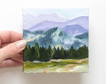 Purple mountain landscape travel gift pine tree original painting on mini canvas with easel gift for hiker accent shelf decor