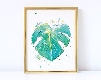 Watercolor PRINTABLE of a Monstera plant leaf wall art digital art print tropical decor teal art