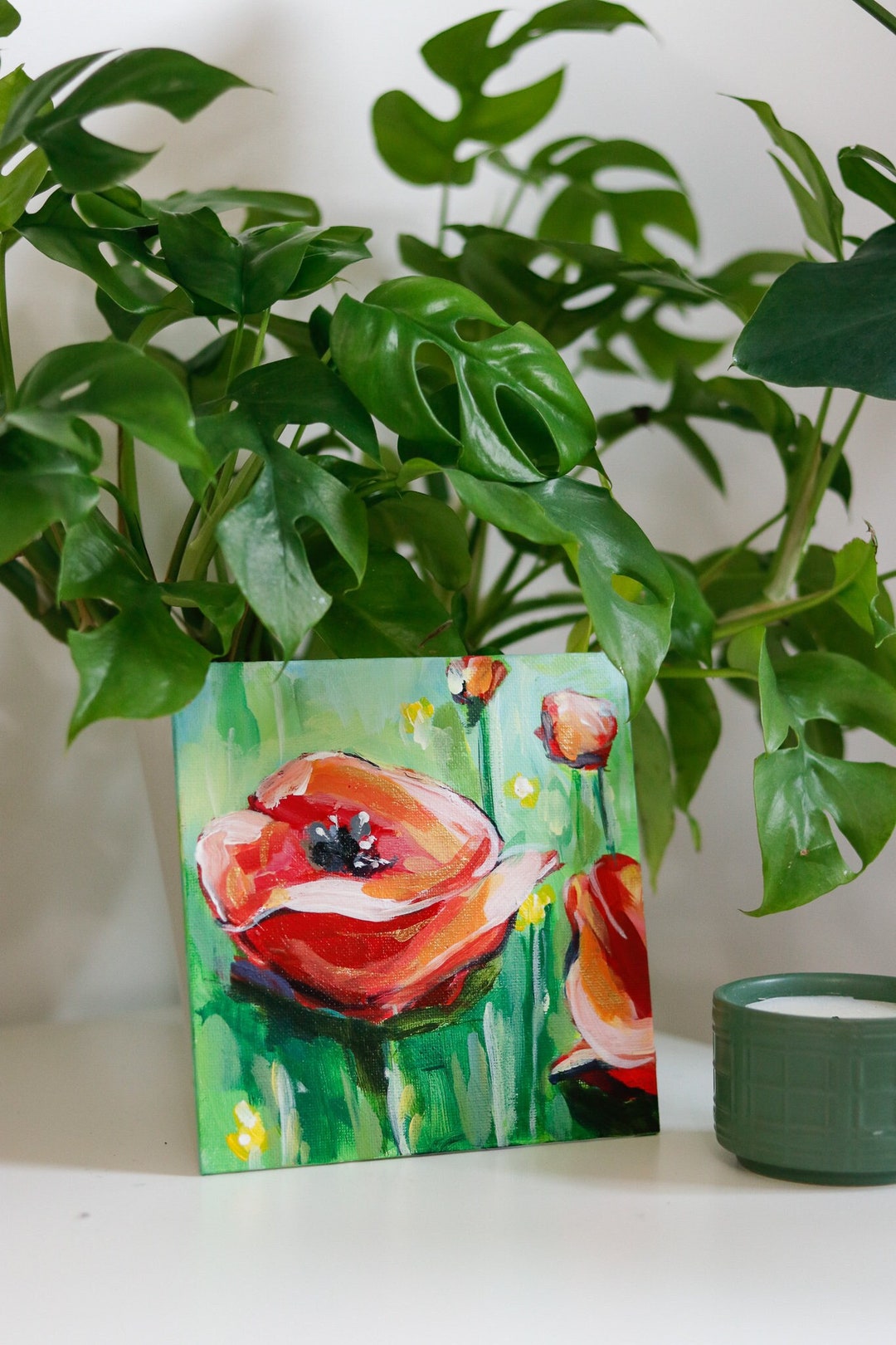 Poppy Flower Red Painting 6x6 Canvas Original Art Small Floral Art Gold ...