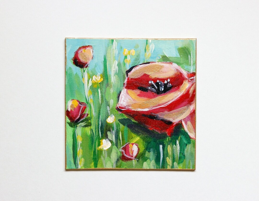 Original Small Red Poppy Flower Painting 6x6 Canvas Panel Original Art Small Floral Art Red