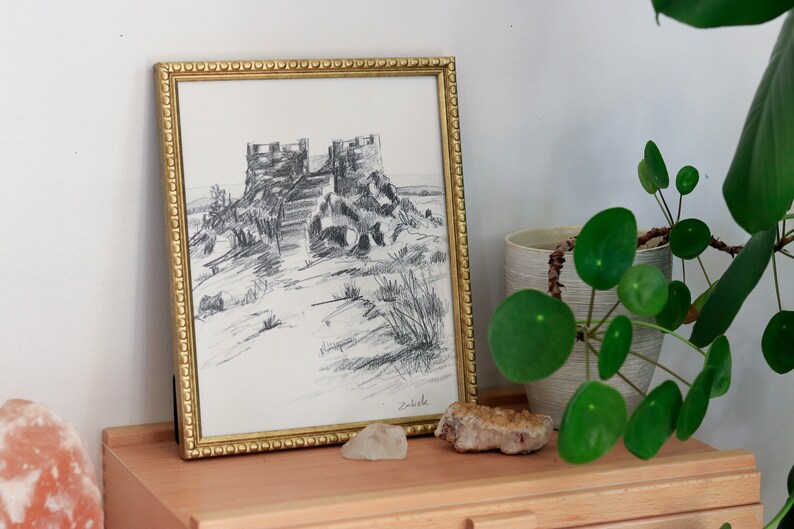 Observation Area in Wyoming Mountains Drawing on paper, Wyoming sketch art landscape drawing black and white landscape sketch of tower image 1