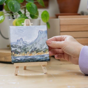 Mountain travel art gift, Mini 4x4 mountain lake landscape, original painting on mini canvas with easel, hiking gift, zdjęcie 6