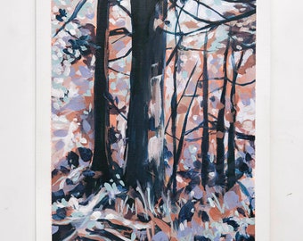 Tree forest purple art gift painting on paper wall art tree forest painting in pink and purple 11x14 art purple abstract art modern art