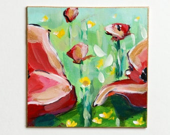 Original Small red poppy flower painting 6x6 Canvas Panel original art small floral art red flower poppy art gold flower gift for gardener