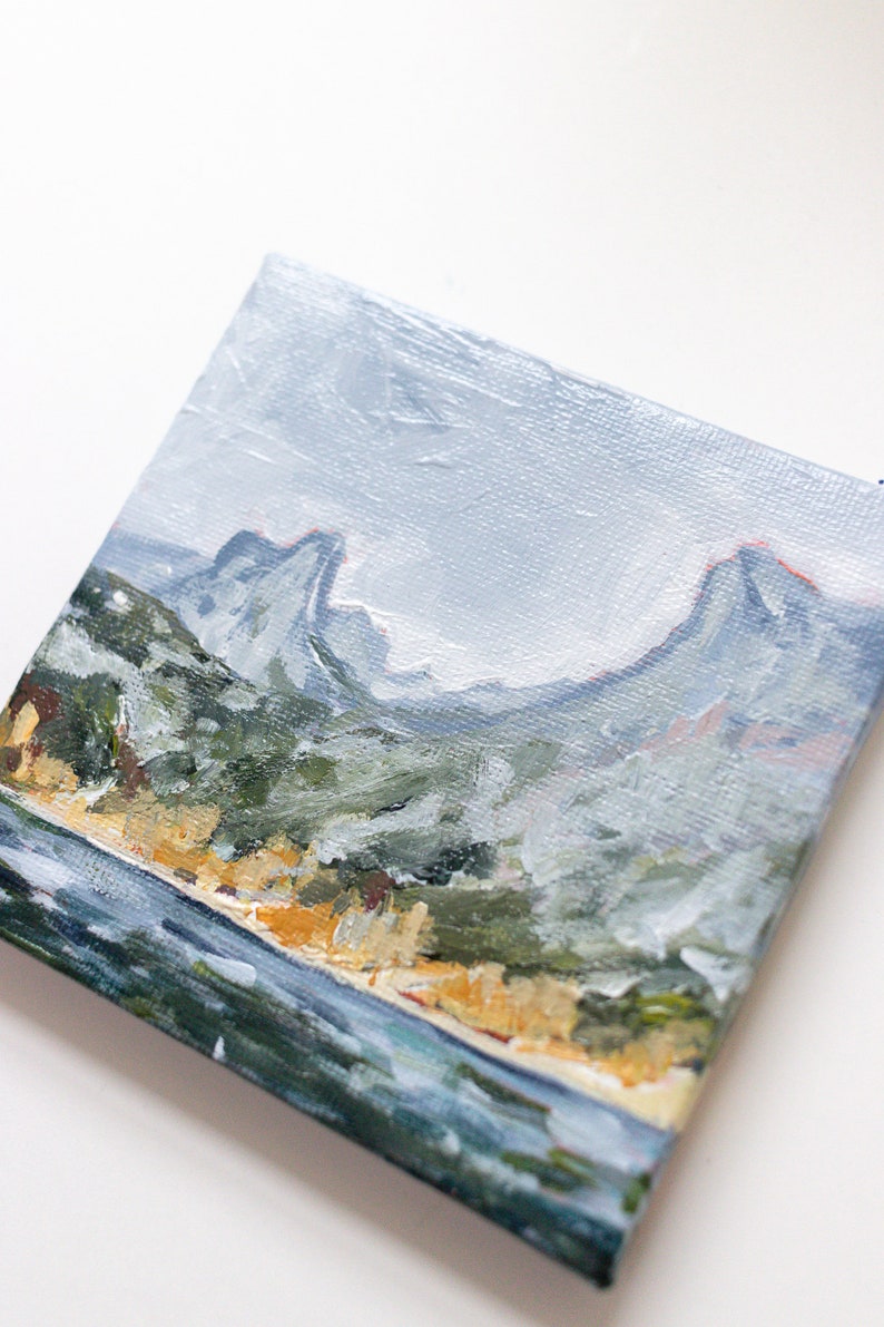 Mountain travel art gift, Mini 4x4 mountain lake landscape, original painting on mini canvas with easel, hiking gift, zdjęcie 3