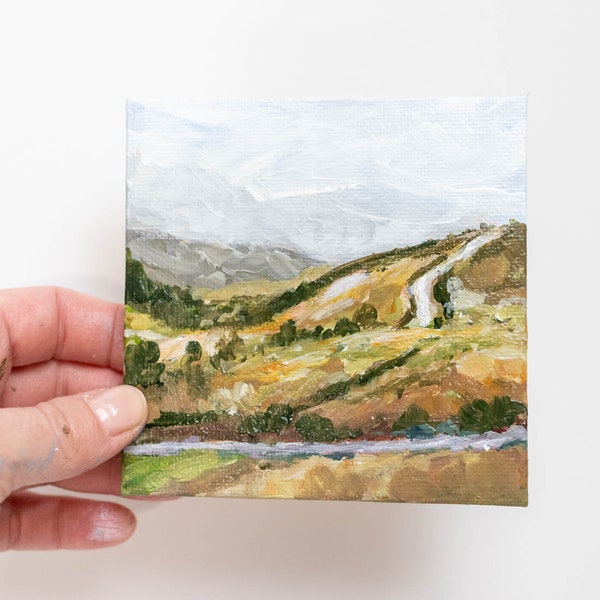 Warm landscape mini original painting with mini easel 4x4 small mountain art green hills farm landscape art