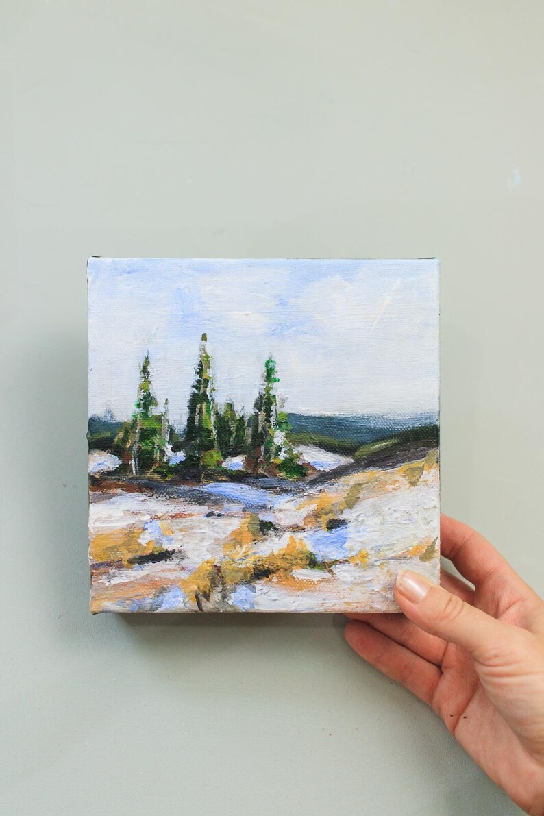 Winter landscape Weronika Zubek Art UNFRAMED PAINTING 6x6 winter pine trees snow covered landscape art gift for mom for artist winter art image 1