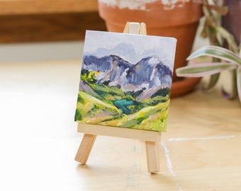 mini mountain landscape green field mountain lake original painting on small canvas with easel abstract art for office or tiny home