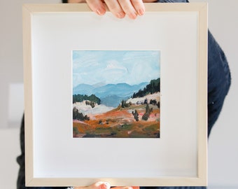 Brown mountains in distance, landscape painting of mountains landscape art small art brown and blue decor